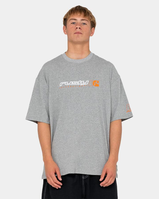 Image of a model wearing Tops. Productname: rusty Mens Jetsetter T-Shirt Grey Marle - in Grey Marle colour by brand - Rusty