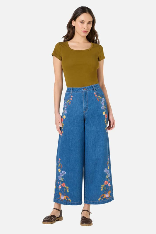 Image of Jeans. Product name - Horse & Flower Embroidered Jean in Blue Denim colour by brand - Princess Highway