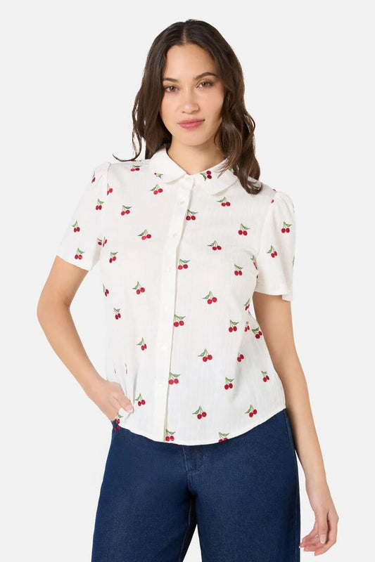 Image of Blouses. Product name - Cherry Ditsy Embroidered Blouse in Cream colour by brand - Princess Highway