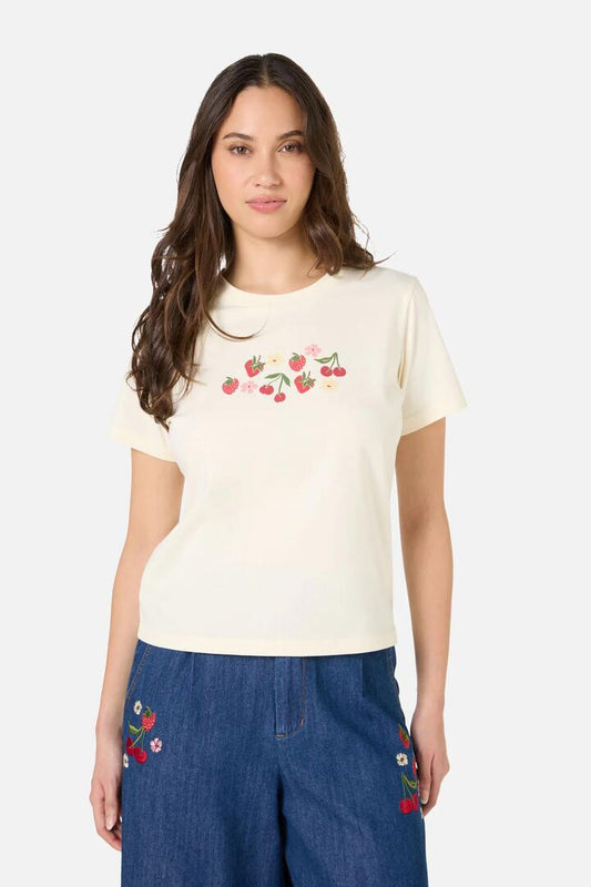 Image of a model wearing Tops. Productname: Berry Bloom Tee in Cream colour by brand - Princess Highway