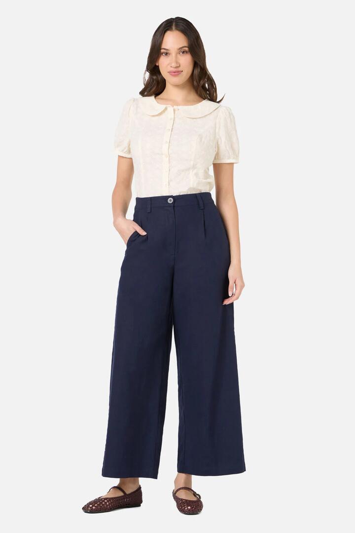 Image of a model wearing Pants. Productname: Leanne Culotte in Navy colour by brand - Princess Highway