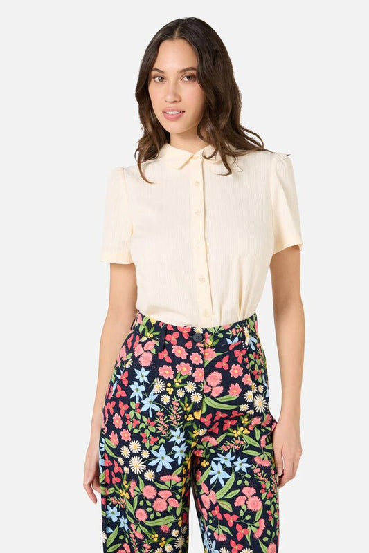 Image of a model wearing Tops. Productname: Lee Short Sleeve Blouse in Cream colour by brand - Princess Highway