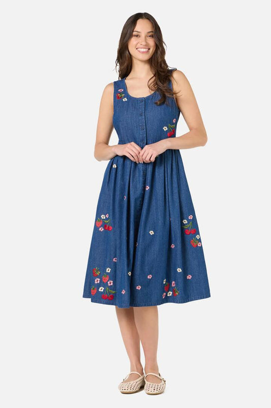 Image of Dresses. Product name - Berry Bloom Embroidered Denim Dress in Blue Denim colour by brand - Princess Highway