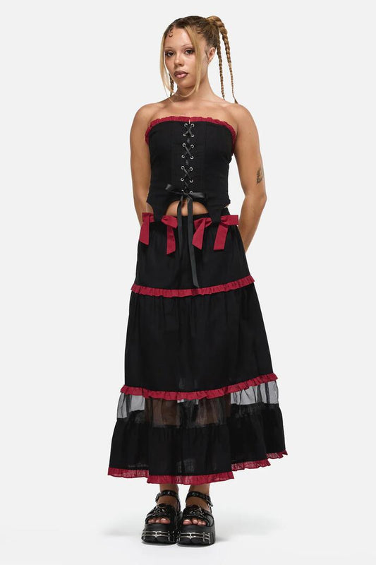 Image of a model wearing Skirts. Productname: Dystopia Contrast Trim Midi Skirt in Black Red colour by brand - Black Friday