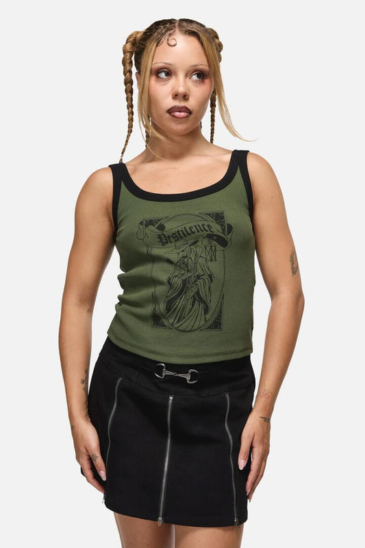 Image of a model wearing Tops. Productname: Pestilence Goth Tank Top in Olive colour by brand - Black Friday