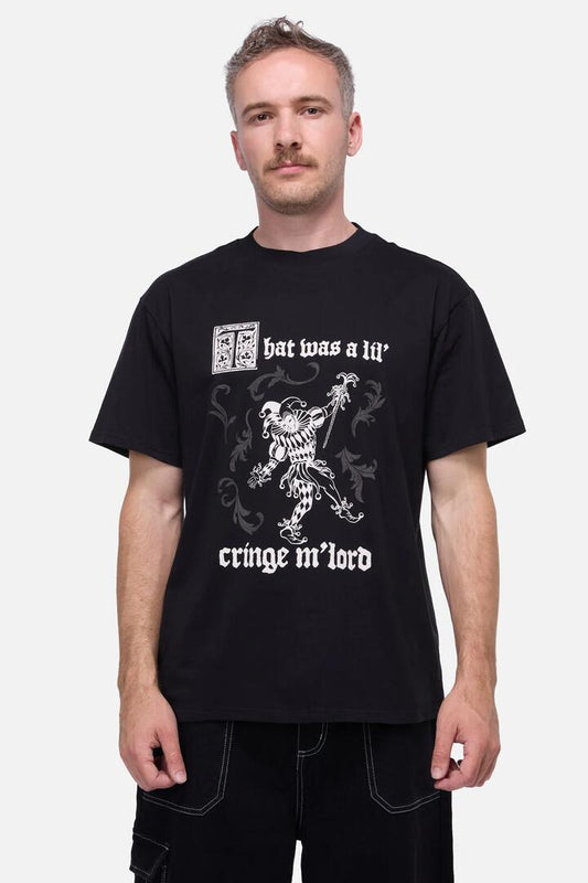 Image of a model wearing Tops. Productname: M'Lord Unisex Teee in Black colour by brand - Pulp Kitchen