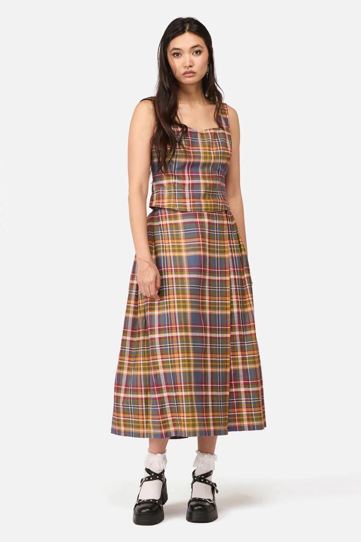 Image of a model wearing Skirts. Productname: Alchemy Tartan Midi Skirt in Multi colour by brand - Dangerfield