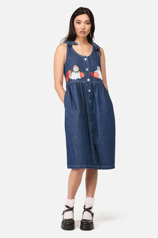 Image of Dresses. Product name - Strawberry Cat Embroidered Pinafore in Blue Denim colour by brand - Dangerfield