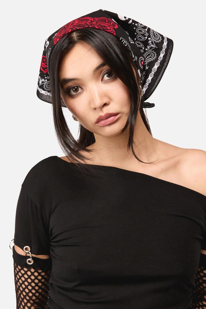 Image of Scarves & Shawls. Productname: Skulls & Roses Cotton Bandana in Black colour by brand - Dangerfield