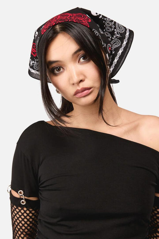 Image of Scarves & Shawls. Productname: Skulls & Roses Cotton Bandana in Black colour by brand - Dangerfield