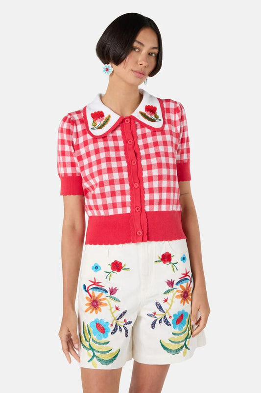 Image of a model wearing Outerwear. Productname: Gingham Scallop Cardigan in Check colour by brand - Gorman