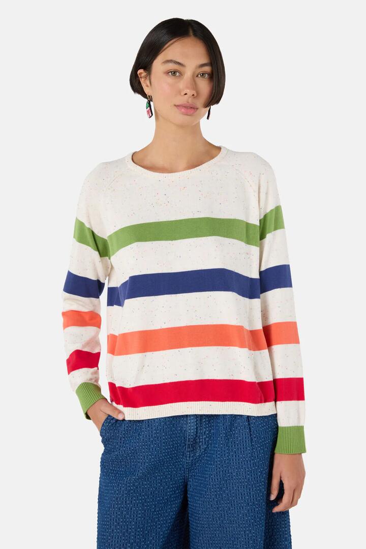 Image of a model wearing Outerwear. Product name - Striped Stacey Knit Jumper in Stripe colour by brand - Gorman