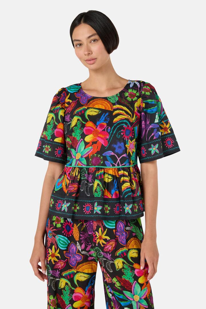 Image of a model wearing Tops. Productname: Papaya Palm Ruffle Top in Print colour by brand - Gorman