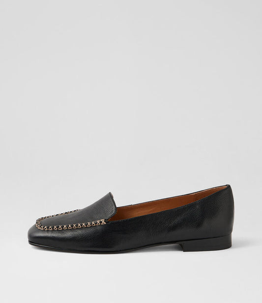 Image of Flats. Productname: Peridot Black Natural Leather Loafers in Black-Natural colour by brand - MIDAS