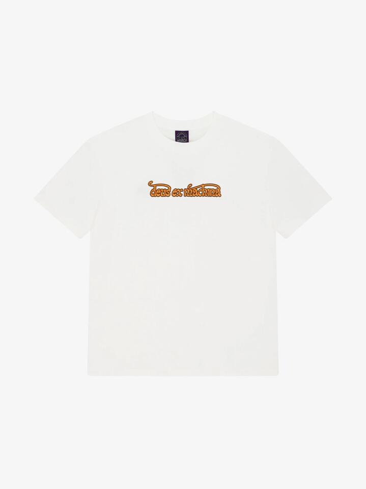 Image of a model wearing Tops. Productname: Deus Virtual Insanity Tee in Vintage White colour by brand - Deus
