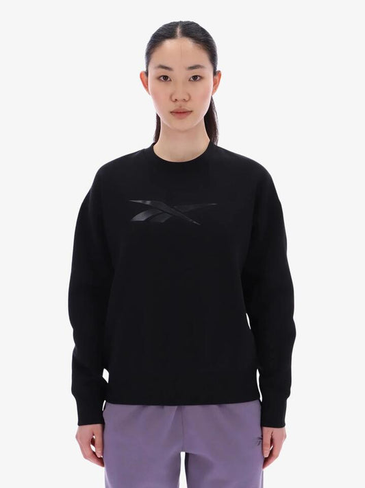 Image of a model wearing Outerwear. Productname: Reebok Satin Crewneck Sweatshirt in Black colour by brand - Reebok