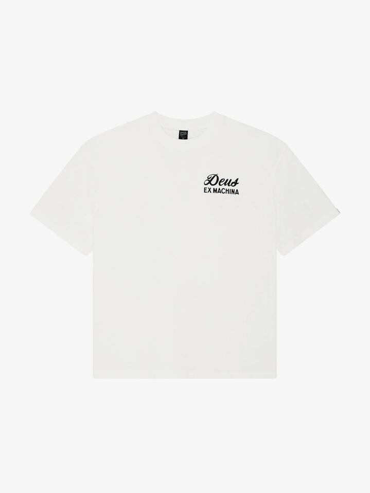 Image of a model wearing Tops. Productname: Deus Venice Sign Tee in White colour by brand - Deus