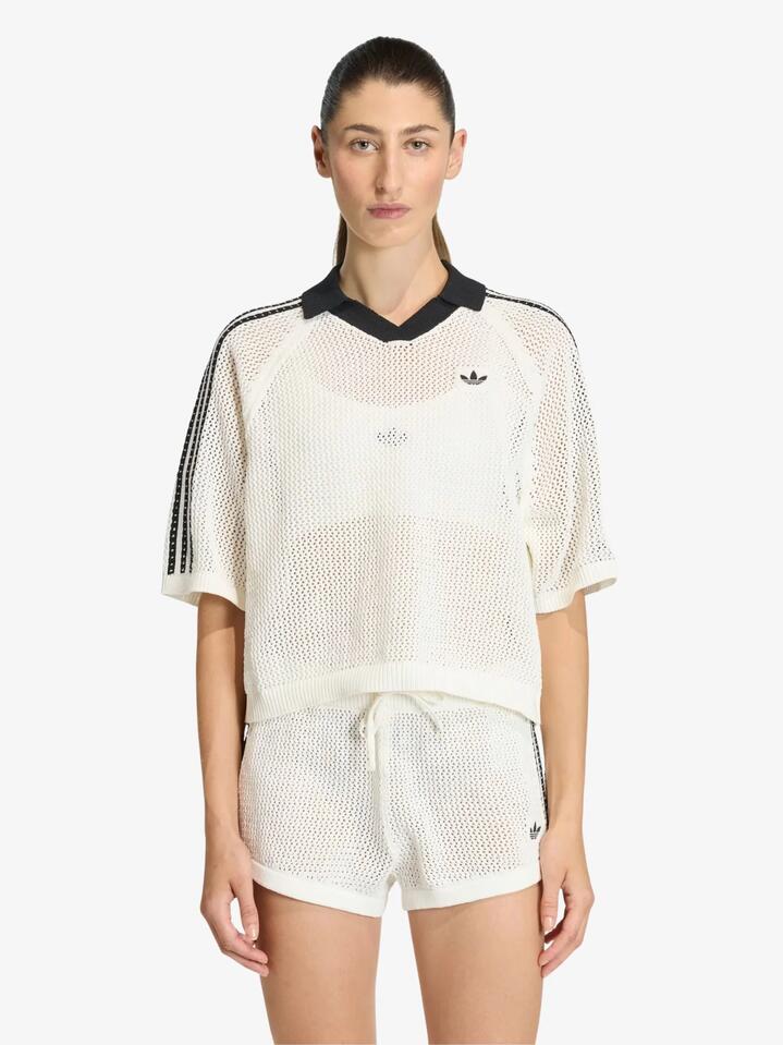 Image of a model wearing Tops. Productname: Adidas Knitted Crochet Polo in Off White colour by brand - Adidas