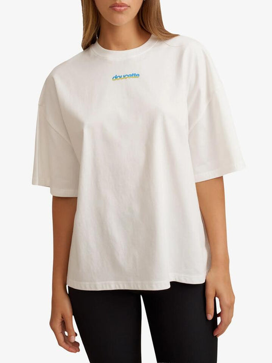 Image of a model wearing Tops. Productname: Doucette Unisex Butterfly Compact Tee in Ivory colour by brand - Doucette