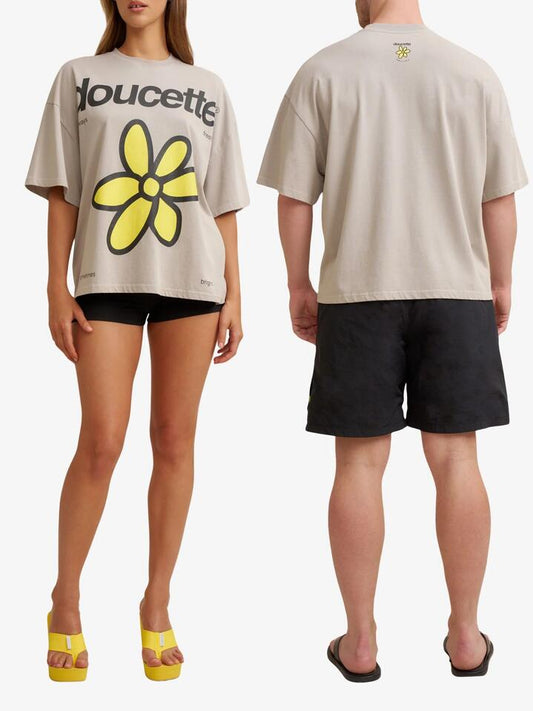 Image of a model wearing Tops. Productname: Doucette Unisex Wildflower Compact Tee in Washed Grey colour by brand - Doucette