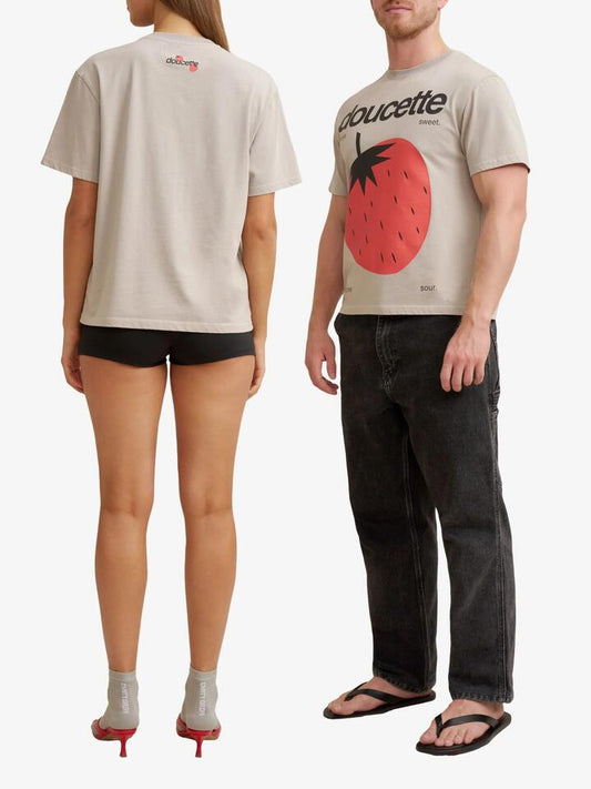 Image of a model wearing Tops. Productname: Doucette Unisex Freshly Picked Trim Tee in Washed Grey colour by brand - Doucette