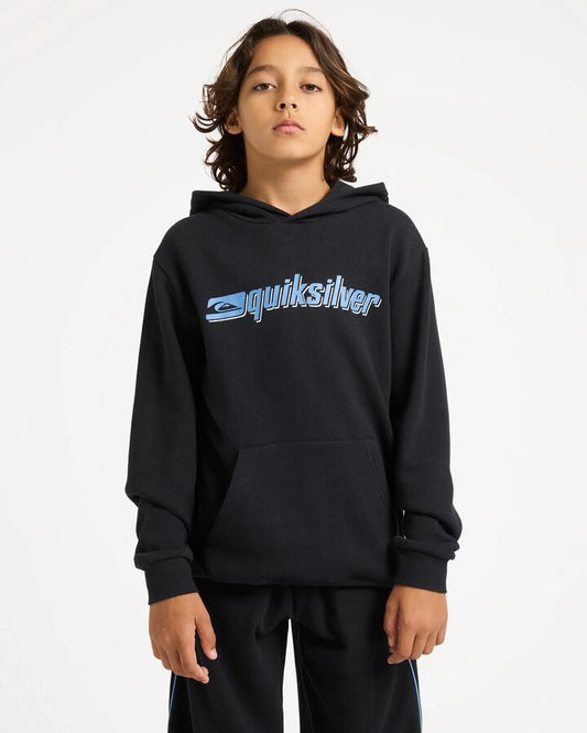 Image of a model wearing Outerwear. Product name - Quiksilver Boys 8-16 Reflex Pullover Hoodie Black in Black colour by brand - Quiksilver