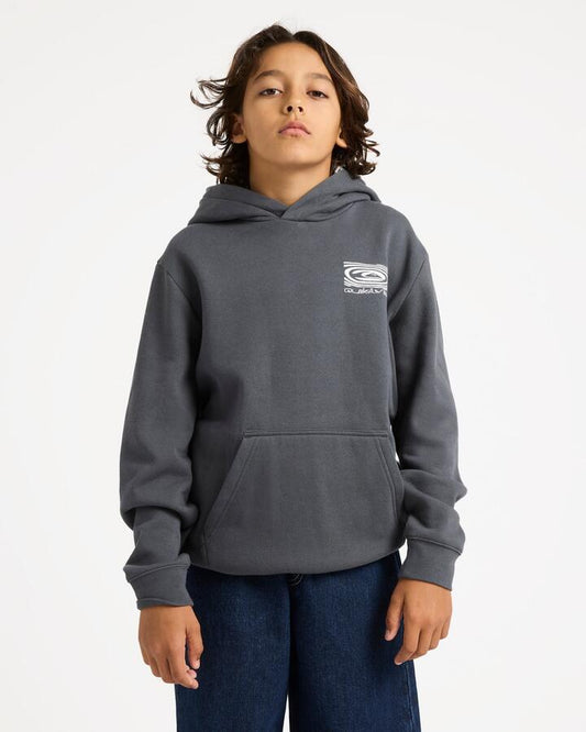 Image of a model wearing Outerwear. Product name - Quiksilver Boys 8-16 Sea Drip Pullover Hoodie Iron Gate in Iron Gate colour by brand - Quiksilver