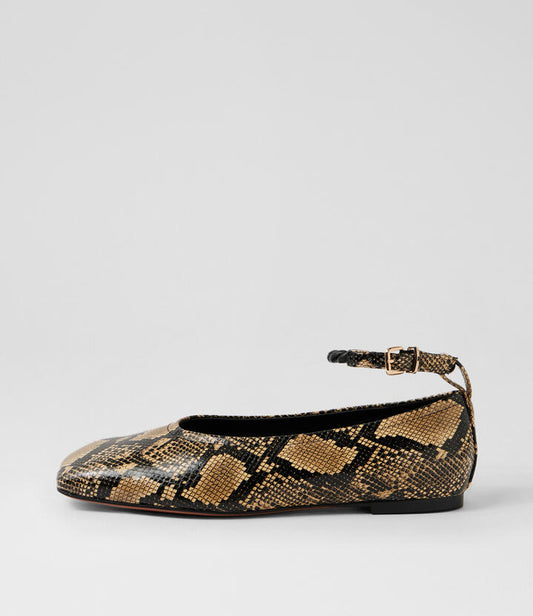 Image of Shoes. Productname: Booste Fawn Black Snake Leather Ballet Flats in Fawn-Black colour by brand - MOLLINI