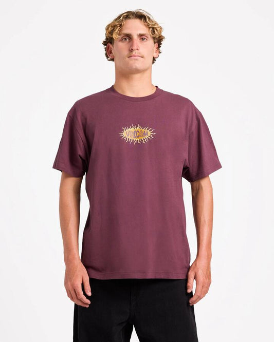 Image of a model wearing Tops. Productname: volcom Mens Sunster T-Shirt Pistol Punch - in Pistol Punch colour by brand - Volcom