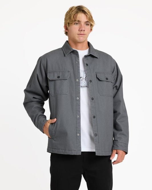 Image of a model wearing Outerwear. Productname: quiksilver Mens Voyager Shacket Iron Gate - in Iron Gate colour by brand - Quiksilver