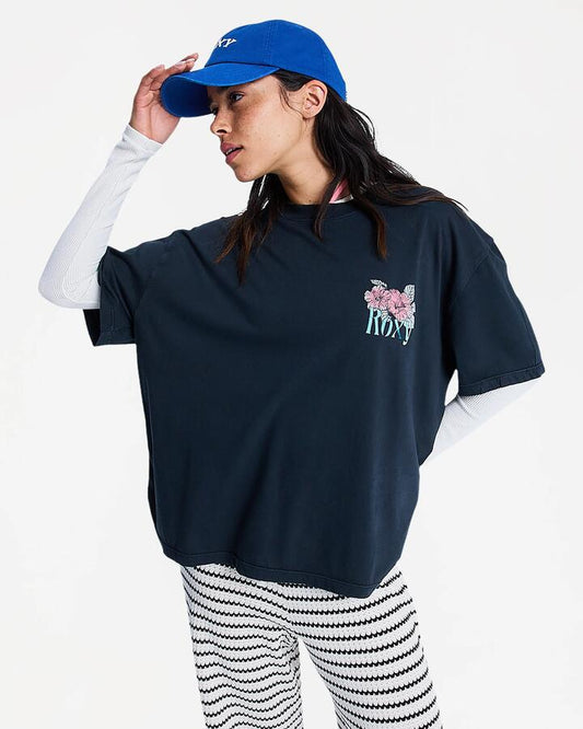 Image of a model wearing Tops. Productname: roxy Womens Talloversize Washed T-Shirt Anthracite - in Anthracite colour by brand - Roxy