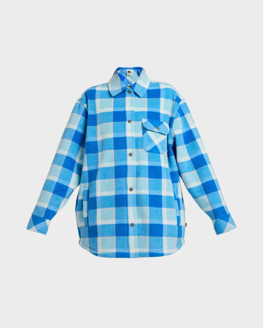 Image of a model wearing Tops. Productname: quiksilver Womens Camp Queen Polar Fleece Long Sleeve Shirt Campanula - in Campanula colour by brand - Quiksilver