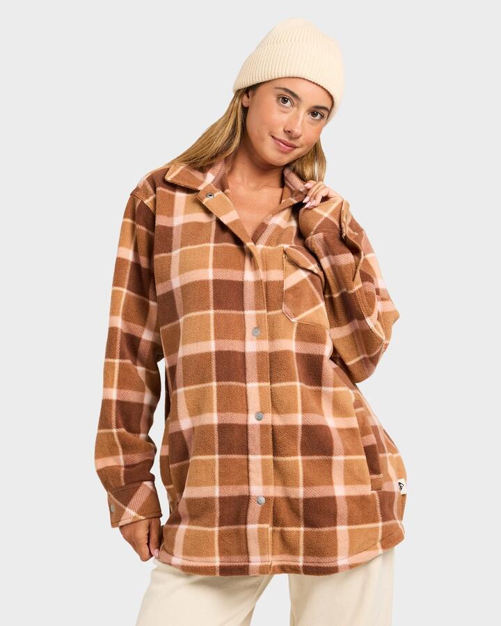 Image of a model wearing Tops. Productname: quiksilver Womens Camp Queen Polar Fleece Long Sleeve Shirt Acorn - in Acorn colour by brand - Quiksilver