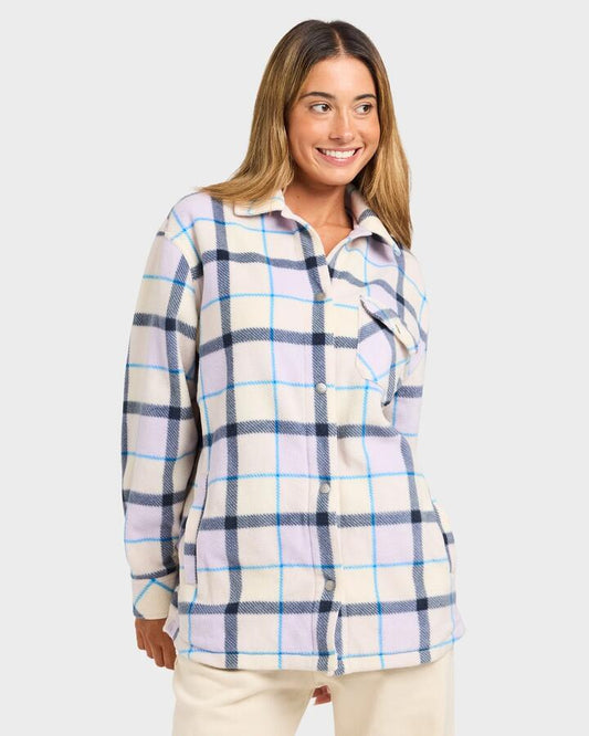 Image of a model wearing Tops. Productname: quiksilver Womens Camp Queen Polar Fleece Long Sleeve Shirt Orchid Petal - in Orchid Petal colour by brand - Quiksilver