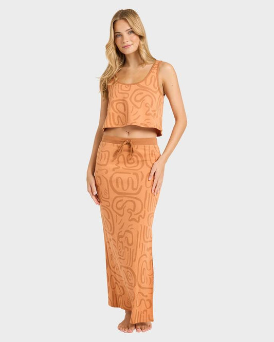 Image of a model wearing Skirts. Productname: billabong Womens Embers Knit Midi Skirt Tangerine - in Tangerine colour by brand - Billabong