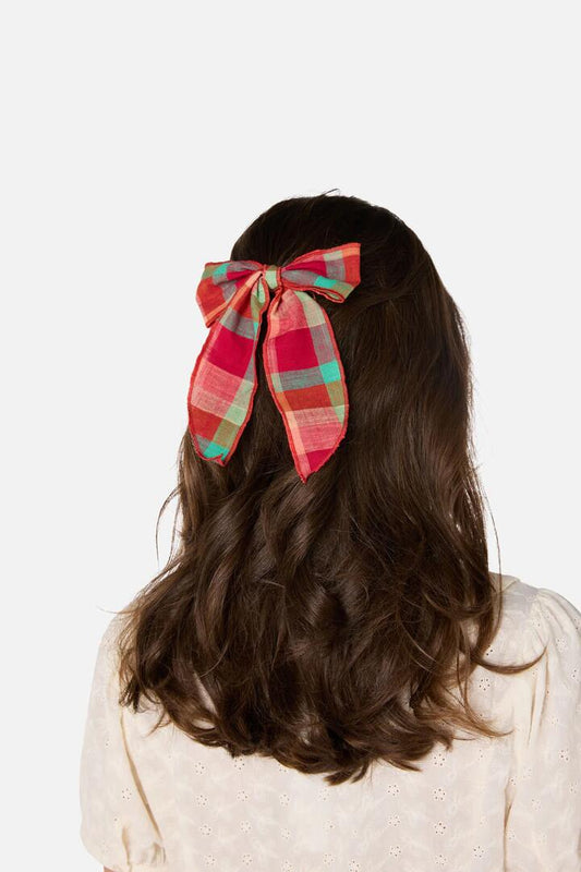 Image of Hair Accessories. Productname: Piper Check Barrette Bow in Pink colour by brand - Princess Highway