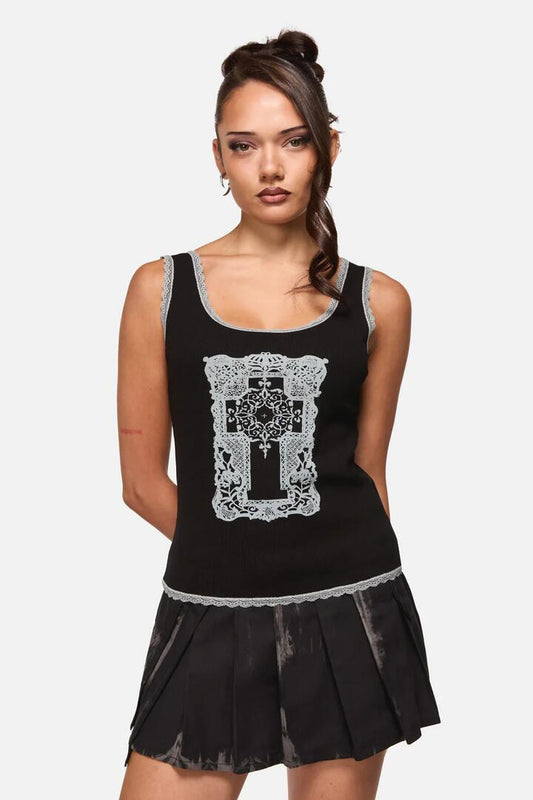 Image of a model wearing Tops. Productname: Confessions Lace Singlet in Black colour by brand - Black Friday