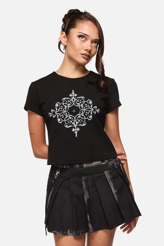 Image of a model wearing Tops. Productname: Confessions Ribbed Baby Tee in Black colour by brand - Black Friday