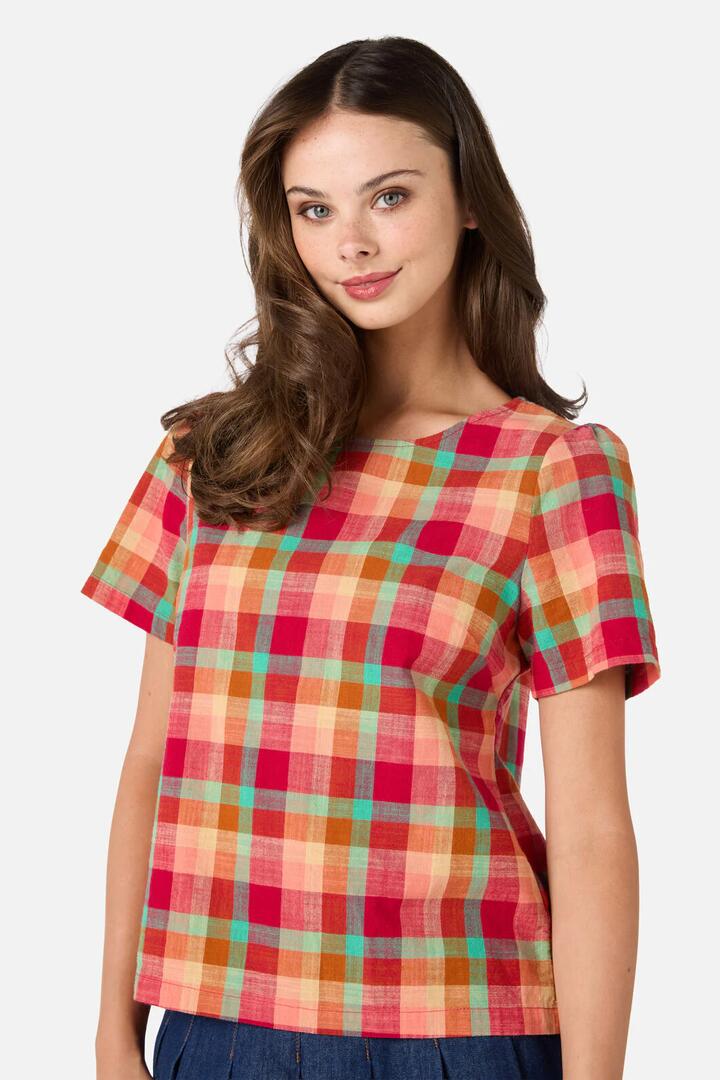 Image of a model wearing Tops. Productname: Piper Check Short Sleeve Top in Pink Multi colour by brand - Princess Highway