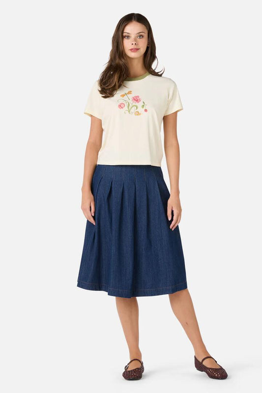 Image of a model wearing Tops. Productname: Whimsical Printed Tee in Cream colour by brand - Princess Highway