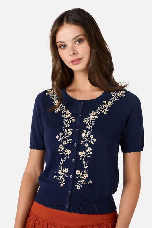 Image of Cardigans. Product name - Whimsical Embroidered Cardigan in Navy colour by brand - Princess Highway