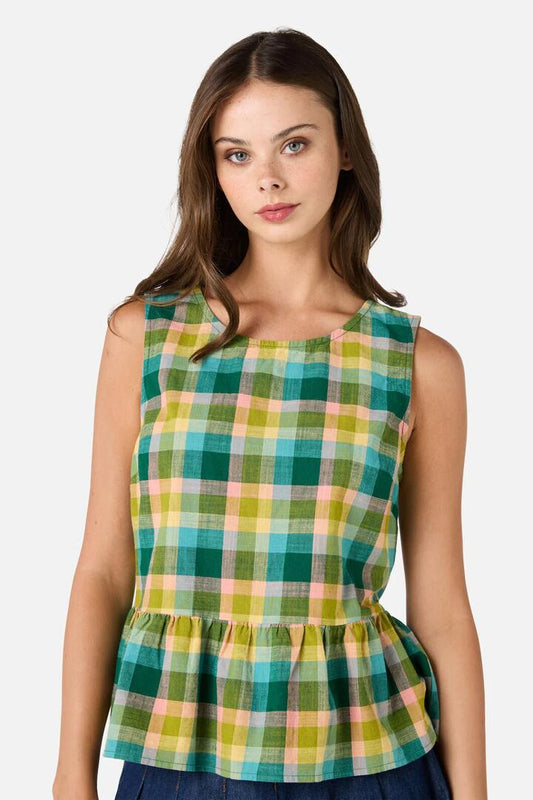 Image of a model wearing Tops. Productname: Piper Check Peplum Top in Green Multi colour by brand - Princess Highway