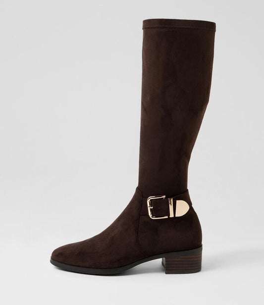 Image of Boots. Productname: Tabloid Choc Stretch Microsuede Knee High Boots in Choc colour by brand - MIDAS