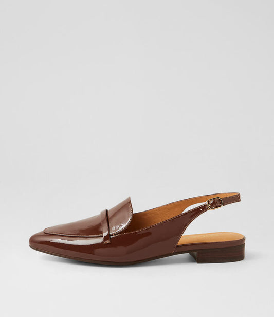 Image of Flats. Product name - Daino Choc Dark Brown Patent Leather Loafers in Choc-Dk Brown Heel colour by brand - MIDAS