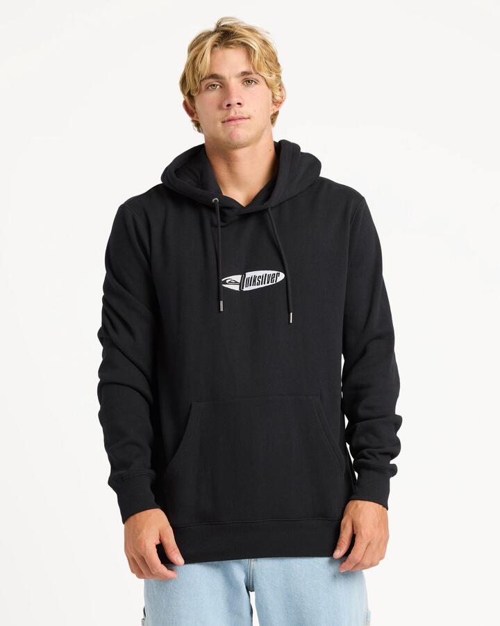 Image of a model wearing Outerwear. Product name - Quiksilver Mens Channel Fix Pullover Hoodie Black in Black colour by brand - Quiksilver