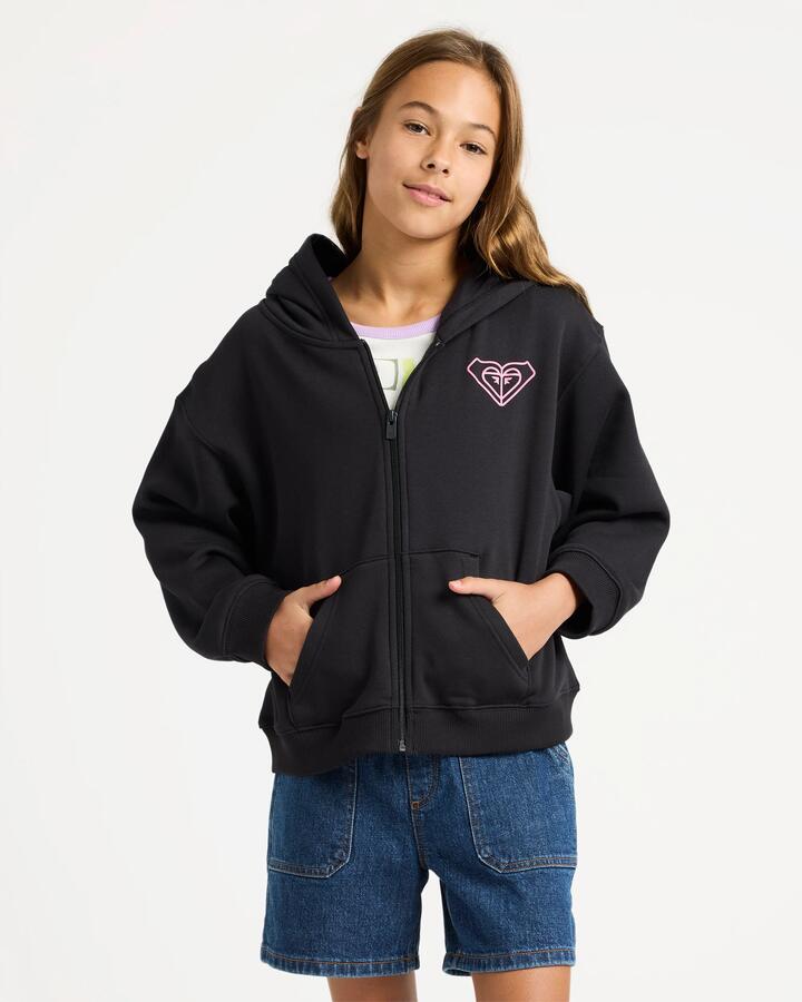 Image of a model wearing Outerwear. Product name - Roxy Girls 4-16 Midnight Hike Brushed Zip Up Hoodie Anthracite in Anthracite colour by brand - Roxy