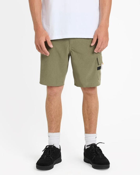 Image of a model wearing Shorts. Productname: quiksilver Mens Azimuth Hybrid Shorts Olive - in Olive colour by brand - Quiksilver