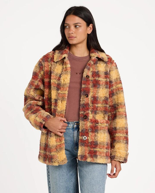 Image of a model wearing Outerwear. Productname: rvca Womens Nell Sherpa Fleece Jacket Curry - in Curry colour by brand - Rvca