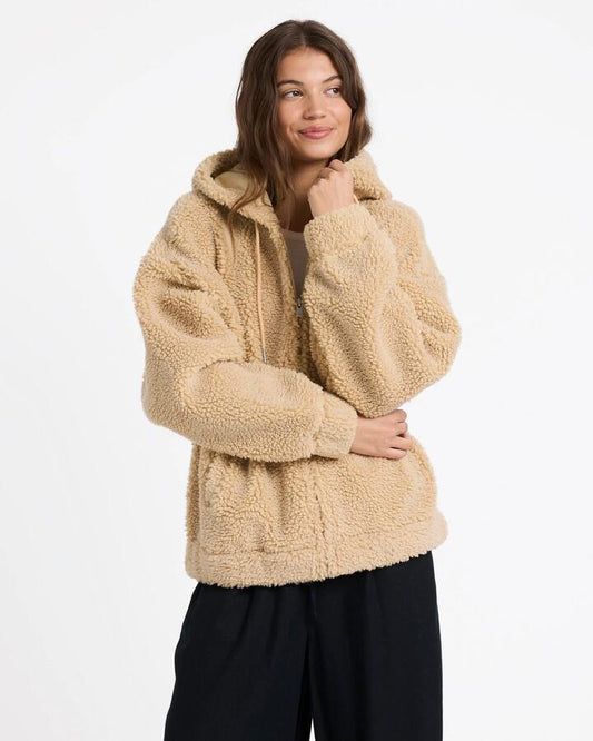 Image of a model wearing Outerwear. Product name - Roxy Womens City Track Fleece Jacket Wheat in Wheat colour by brand - Roxy