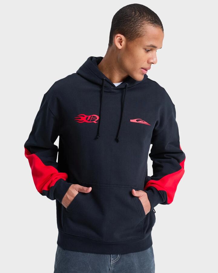 Image of a model wearing Outerwear. Productname: quiksilver Mens Mercury Trident Pullover Hoodie Black - in Black colour by brand - Quiksilver